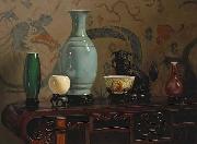 Hubert Vos Asian Still Life with Blue Vase, oil painting by Hubert Vos oil on canvas